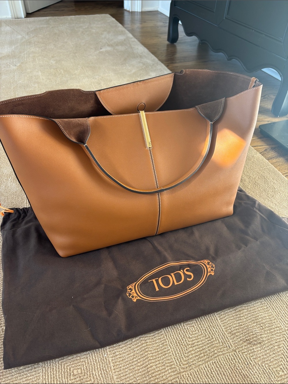 TOD'S Cognac Leather Tote with Gold Accent
